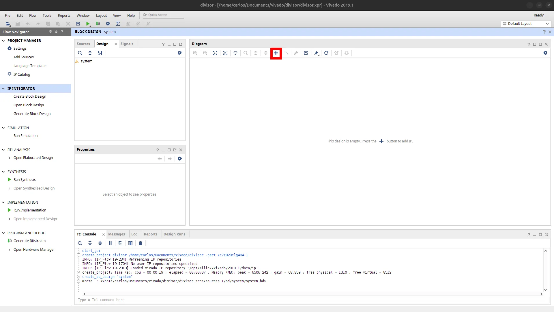 Botão de adicionar IP na barra do diagrama em destaque