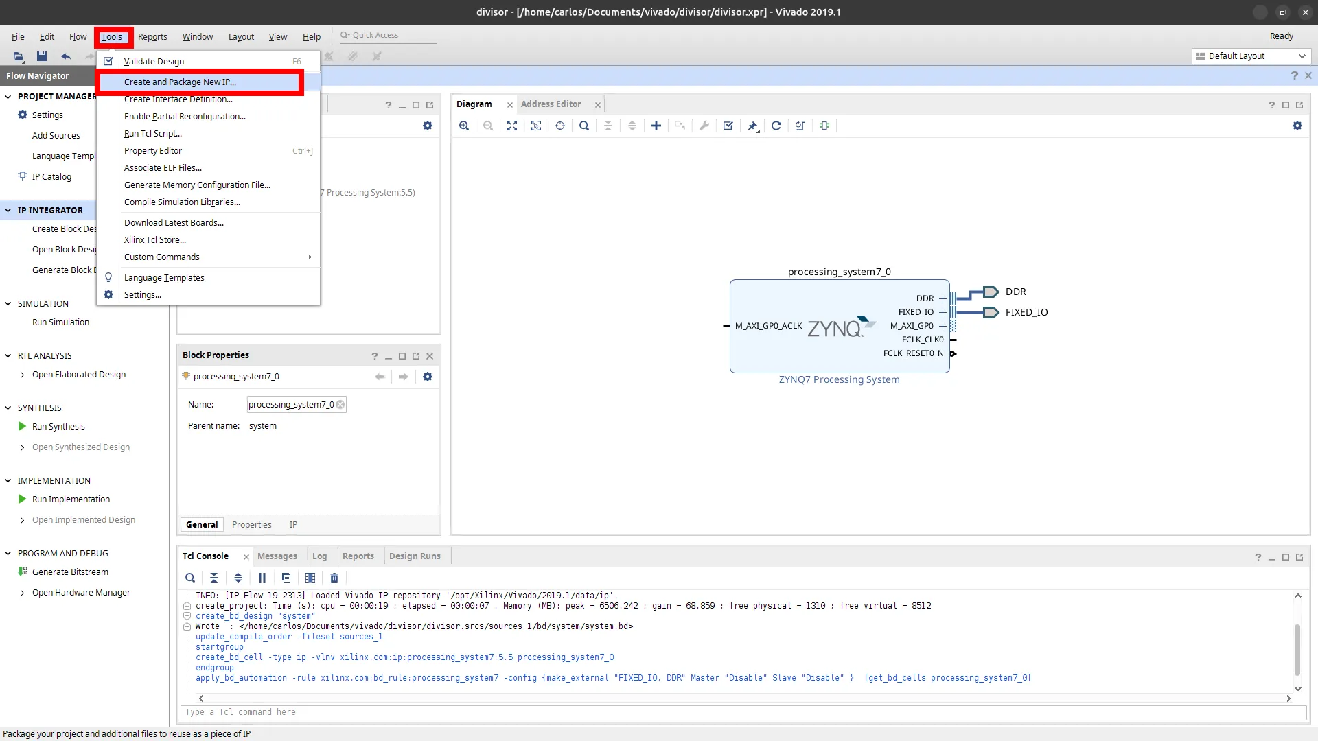 Menu Tools com a opção Create and Package New IP em destaque