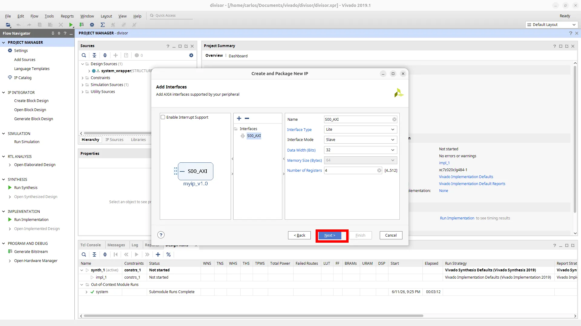 Tela Add Interfaces com a configuração da interface AXI