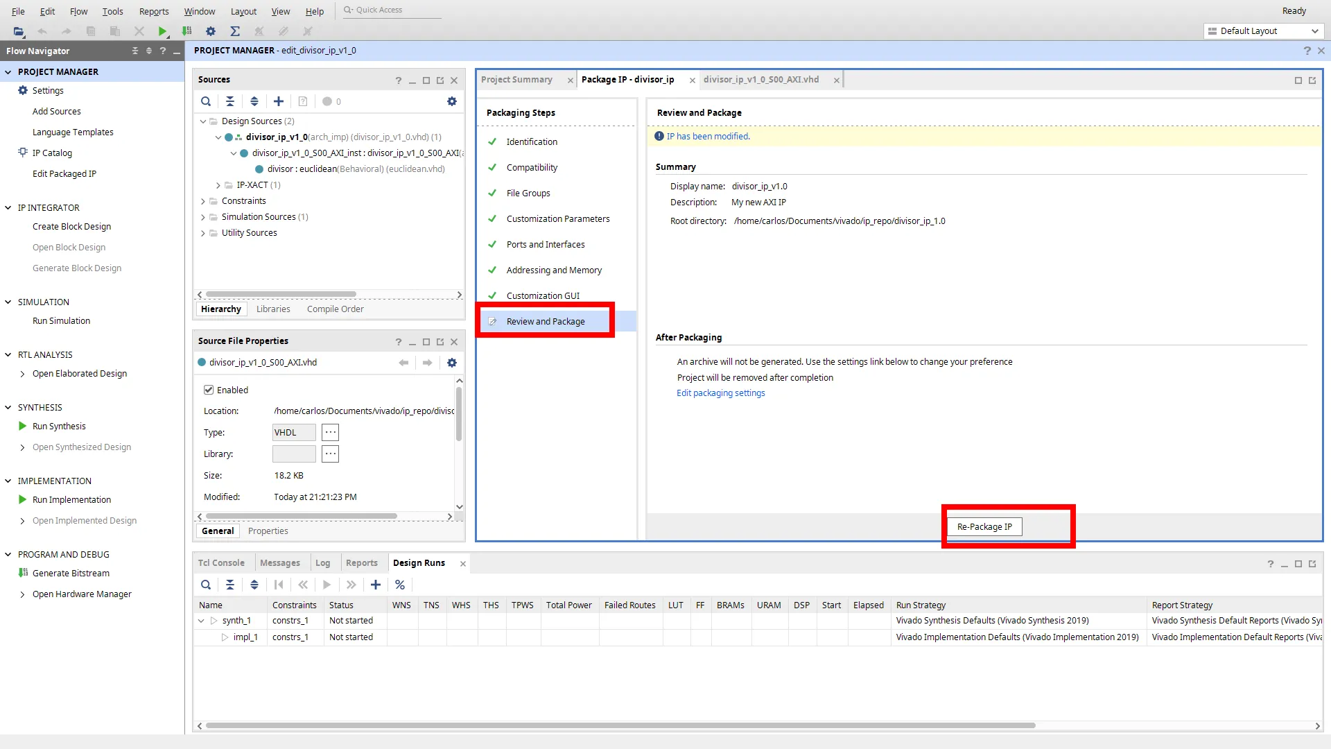 Etapa Review and Package com o botão Re-Package IP em destaque