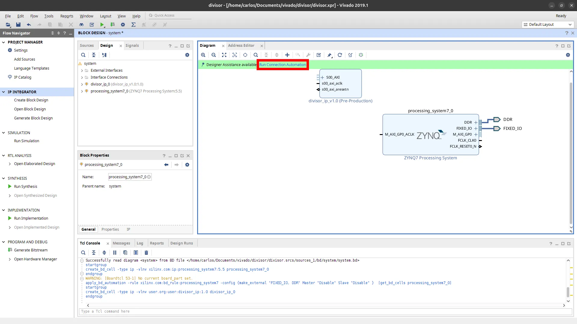 IP personalizado no diagrama com o link Run Connection Automation em destaque