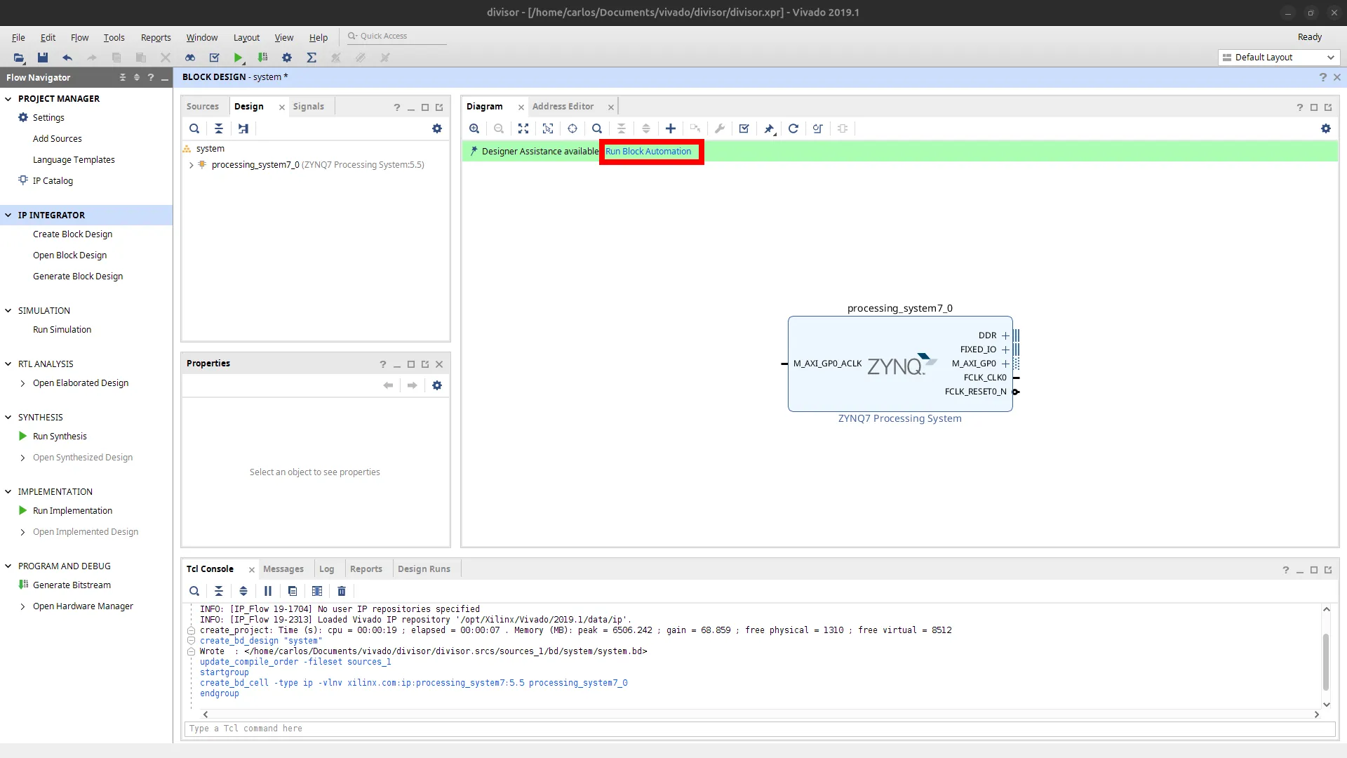 Faixa verde com o link Run Block Automation em destaque
